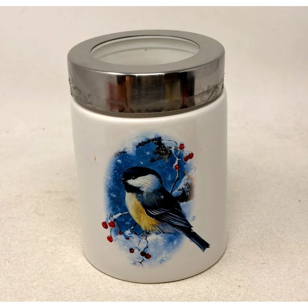 Ellien's Chickadee Bird Ceramic Handled Canister Mug Chrome Lid Winter Berries